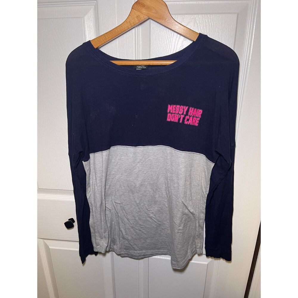 Rue21 Messy Hair Don’t Care Graphic Top Womens XL Navy Gray Long Sleeve